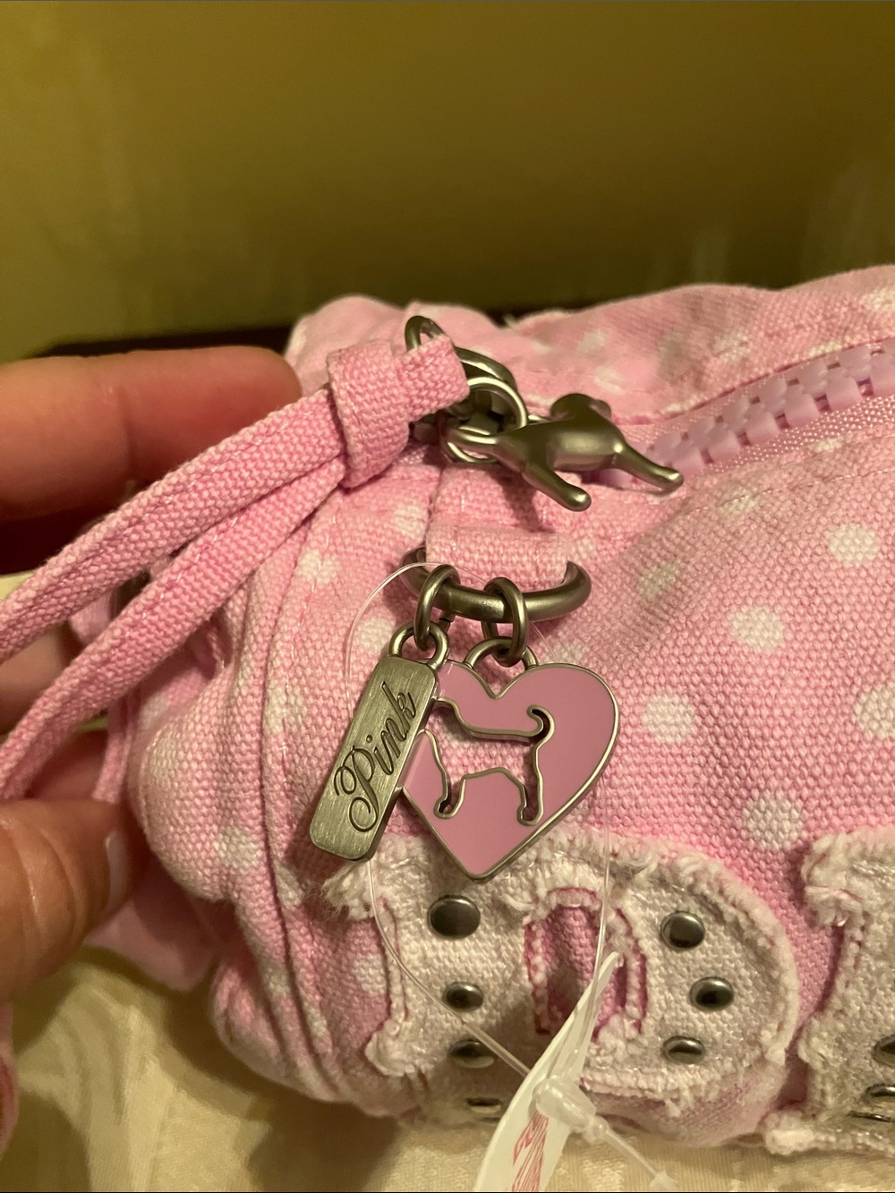 💖VS Pink VIRAL Y2K style Canvas Rolled Duffle Bag pink with polka dots NWT - Picture 10 of 12